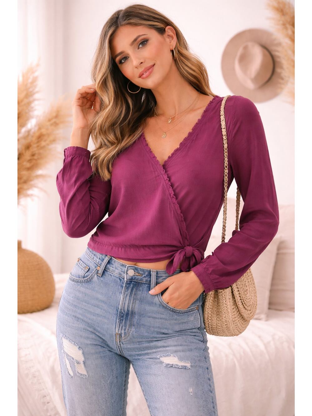 Abercrombie & Fitch Women's V Neck Tie Front Blouse Top Long Sleeve Fuchsia SZ S